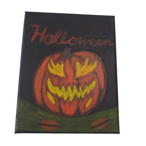 Terrifying Halloween Jack o Lantern Acrylic Painting on Black Canvas 8 x 10 in - Picture 9 of 9